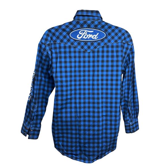 Wrangler Ford Mens Blue Plaid Western Pearl Snap Shirt Medium Flap Pockets - Picture 2 of 8